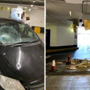 Image of the damage to the car when the first concrete debris hit, and another image of when a second lot of concrete fell from the roof